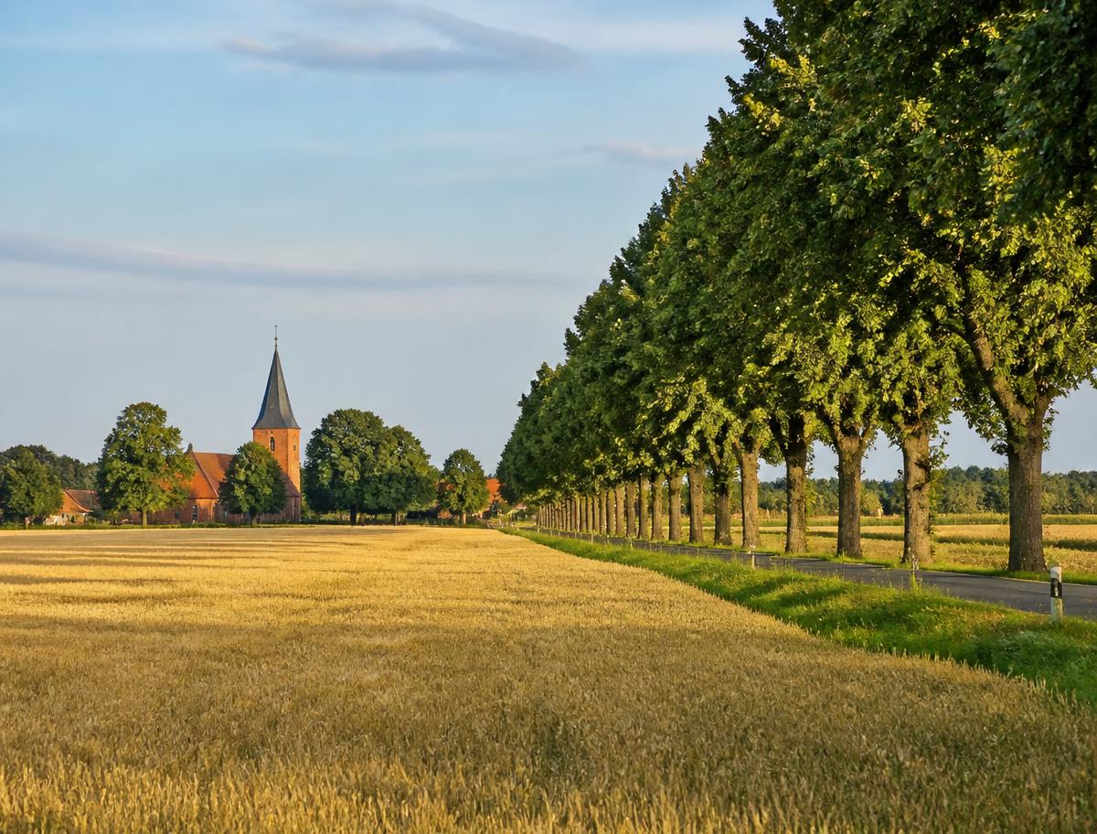 Landschaft in der Altmark mit Allee und Dorfkirche